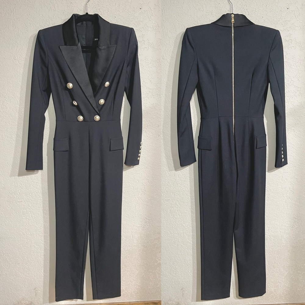 BALMAIN | NWT! Satin-trimmed button-embellished wool-blend cady jumpsuit sz: 34 - Picture 4 of 15